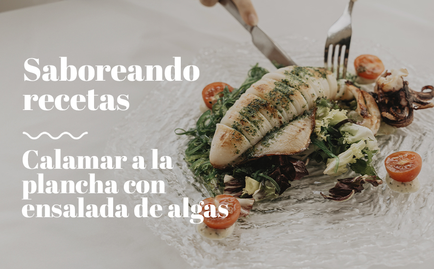 Calamar a la plancha y ensalada de algas wakame